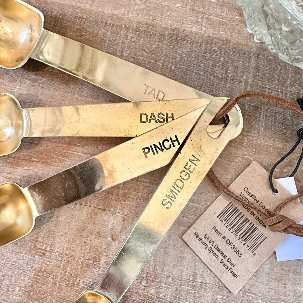 Stainless Steel Measuring Spoons Brass Finish Petina Pinch Dash Tad Smidgen  NWT